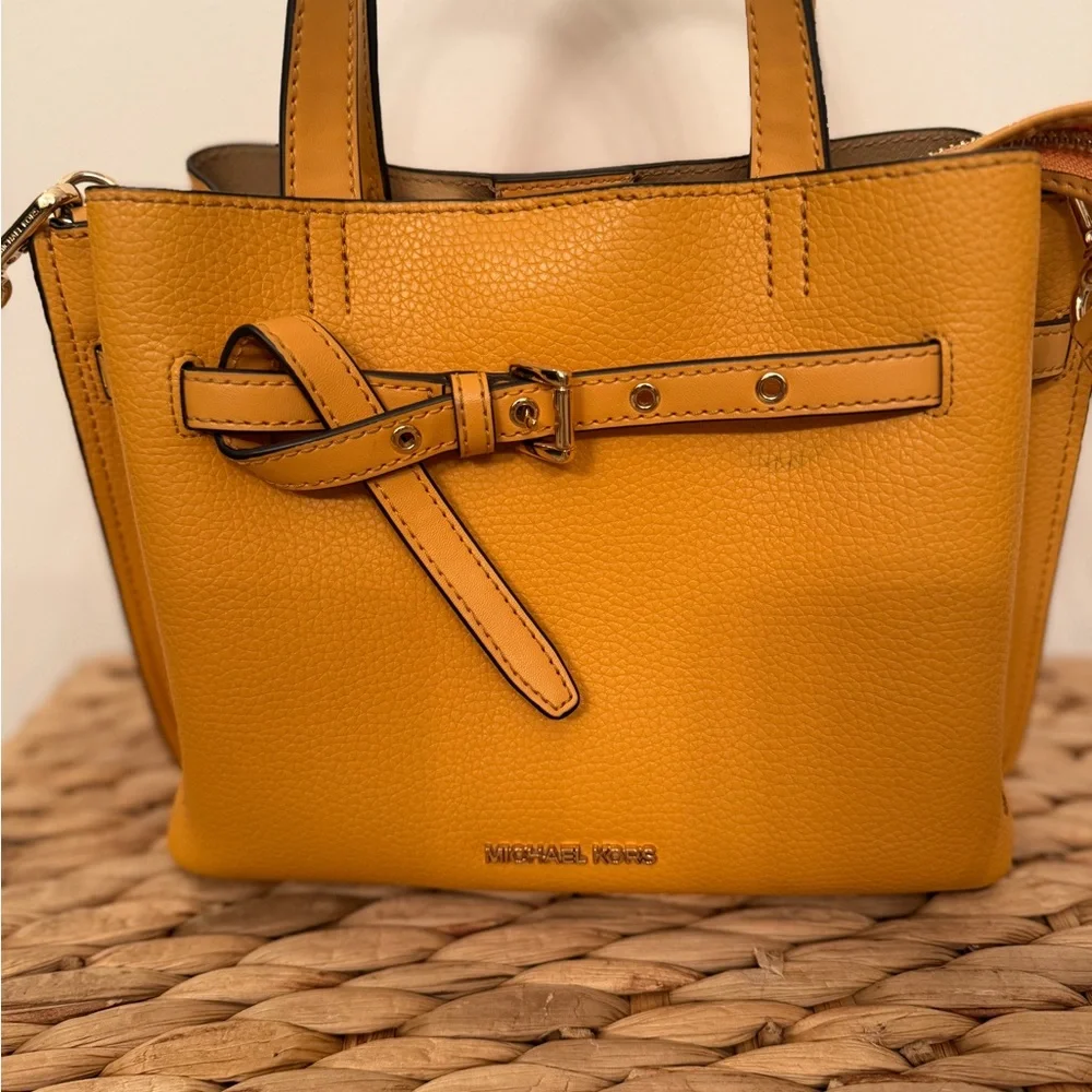 Michael Kors Emilia Mustard Yellow Pebbled Leather Belted Crossbody Satchel Bag